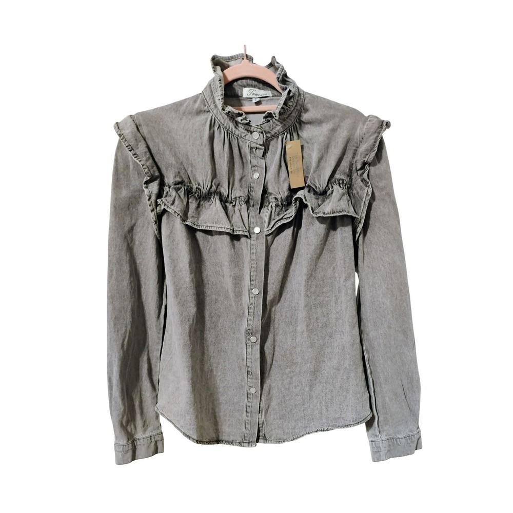 NWT‎ Tracies Gray Ruffle Denim Blouse Button Front Long Sleeve S